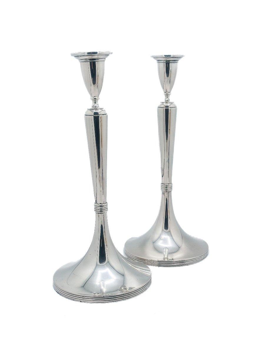 Pair Of 800 Thousandths Silver Candlesticks, Austro-hungarian Empire, Circa 1920 – “trumpet” Model-photo-2