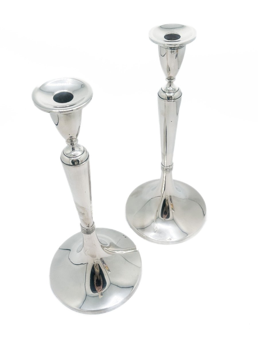 Pair Of 800 Thousandths Silver Candlesticks, Austro-hungarian Empire, Circa 1920 – “trumpet” Model-photo-4