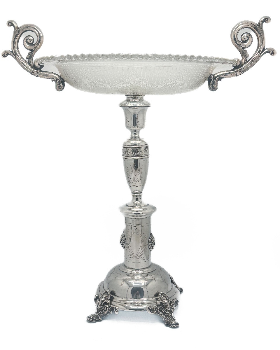 Coupe De Centre De Table En Argent Et Cristal Taillé, Autriche-hongrie, Vers 1860  élégante Et 