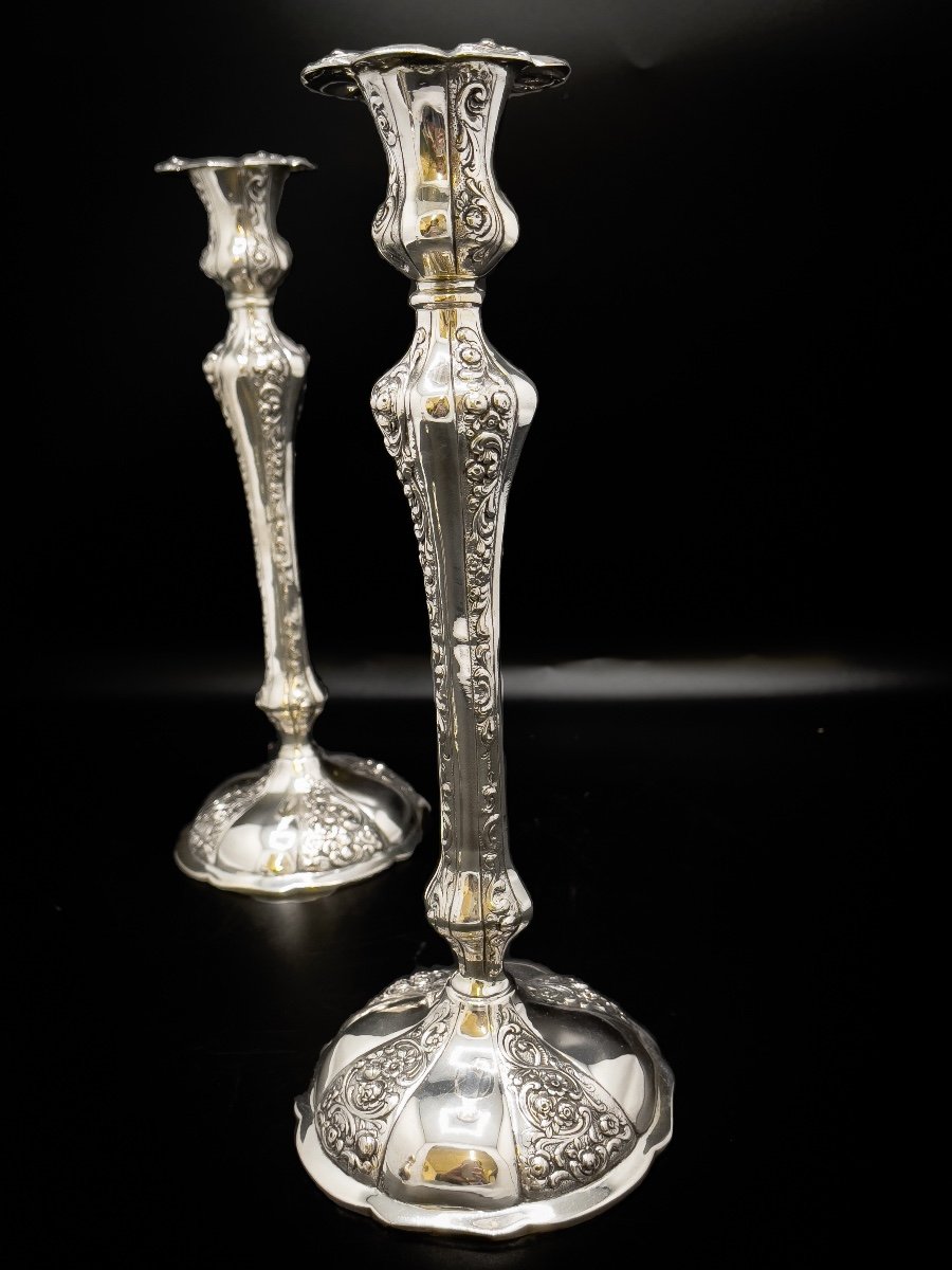 Pair Of Candlesticks In Sterling Silver 800/1000-photo-3