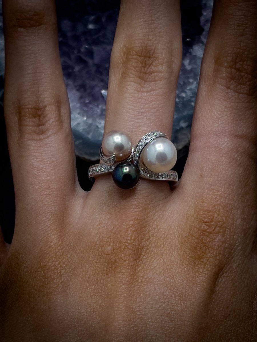 “south Sea Pearls Trio” Ring 18 Kt Gold And Diamonds-photo-2