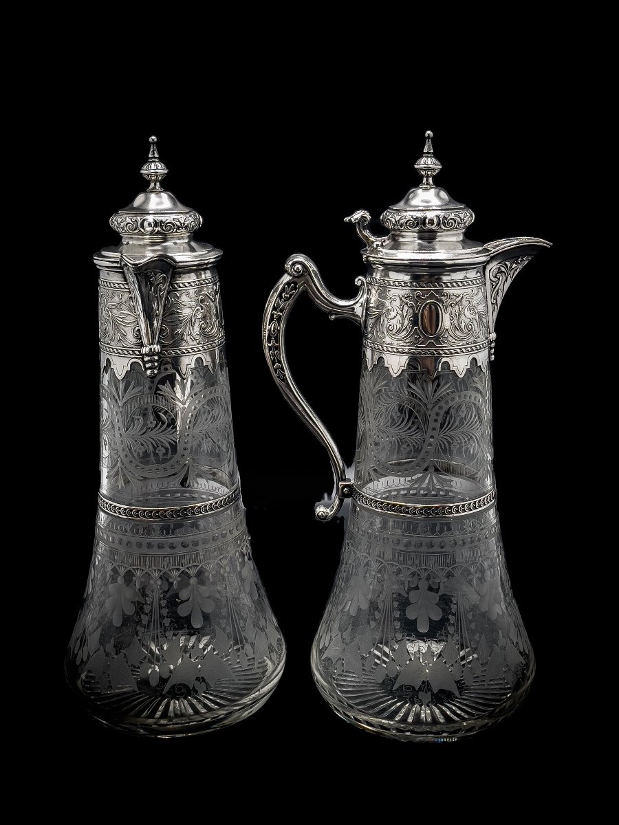 Paire De Carafes En Cristal Et Argent Massif-photo-4