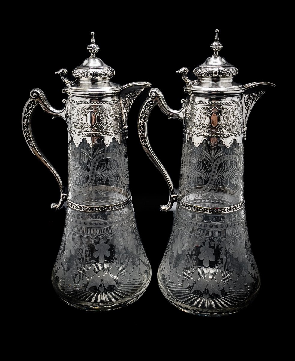 Paire De Carafes En Cristal Et Argent Massif