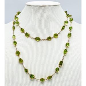 Exceptional Long Necklace In 18 K Gold Set With 45 Peridots And Brilliant Cut Diamonds