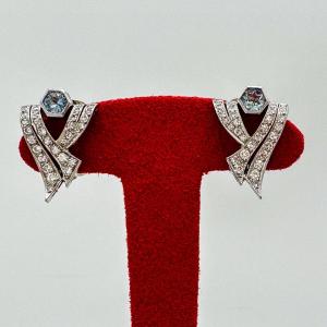 Paire De Clips Art Deco Diamants Et Aigue-marine