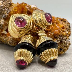 Paire Clips Vintage En Or 18 K Sertis De Tourmaline,  Diamants, Onyx