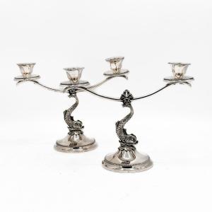 Pair Of Two-branch Candelabra In 800/1000 Sterling Silver. 