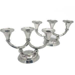 Pair Of Art-deco Candelabra, With Three Lights In 800/1000 Silver Belgian Work Circa 1940