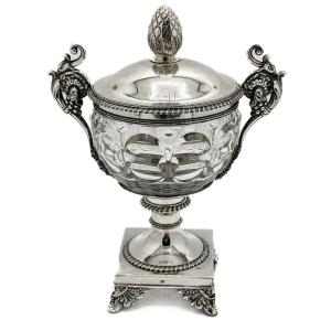 Drageoir In Sterling Silver And Crystal Period 1819-1838 
