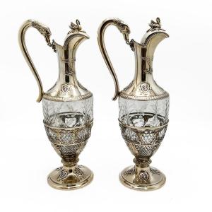 Pair Of Wine Carafes In Silver Vermeil And Cut Crystal 