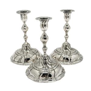 Series Of Three “torso” Candlesticks Sterling Silver German Work Late 19th 