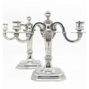 Pair Of Art Deco Solid Silver Candelabras 