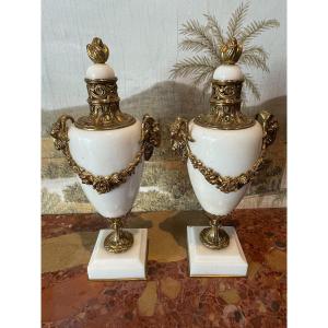 Pair Of White Marble And Gilt Bronze Cassolettes – 19th Century