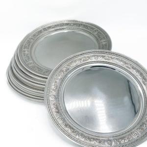 Série De 12 Dessous D’assiettes En Argent Massif – International Silver Company, Usa, Vers 1910