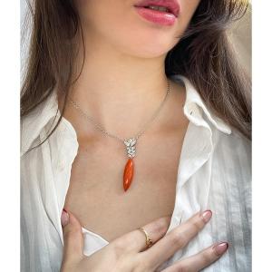 Pendant And Its Chain 18k White Gold Diamonds And Coral