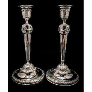 Pair Of 18th Candlesticks In Sterling Silver