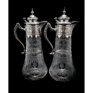 Paire De Carafes En Cristal Et Argent Massif