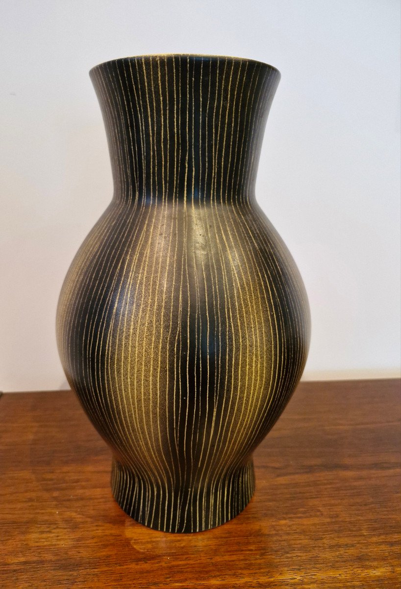 Vase Saint Clément en céramique jaune et noir années 50