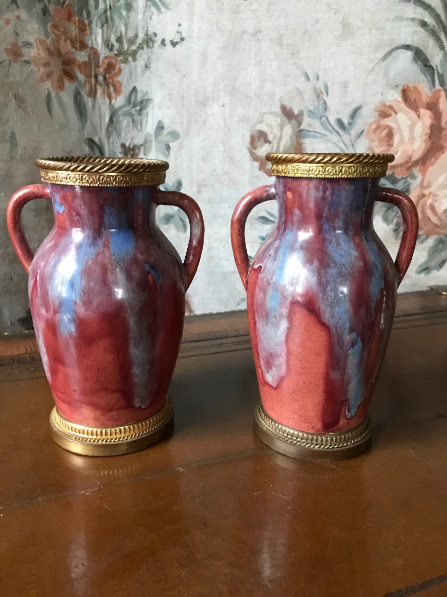 Pair Of Ceramic Mounted Vases Signed Cab Bordeaux 20th Century