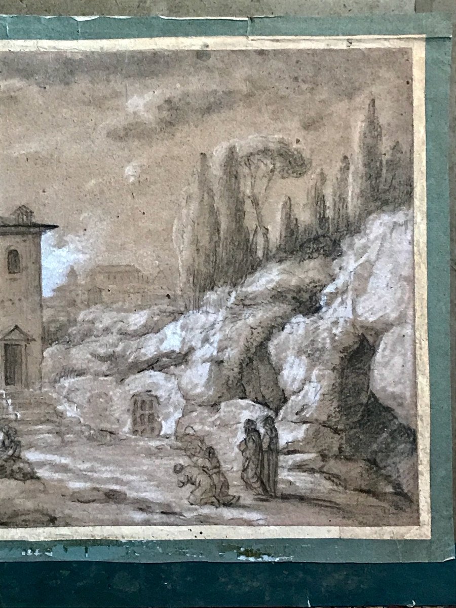 Large Drawing Roman Landscape Signed Michel-ange Challe  Mid 18th Century-photo-2