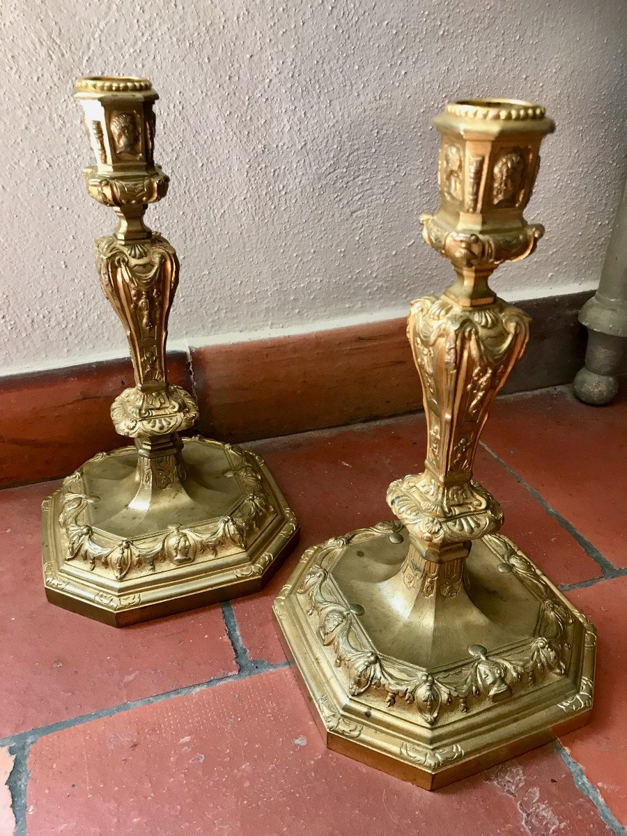 Pair Of Louis XIV Style Candlesticks 19th Century Gilt Bronze -photo-2