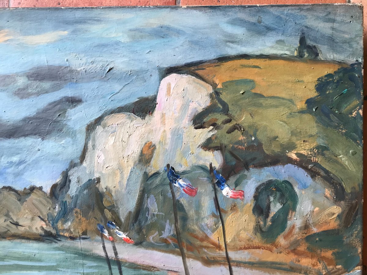 Etretat 14 Juillet 1922 Huile Sur Toile Par Paul Paquereau-photo-1