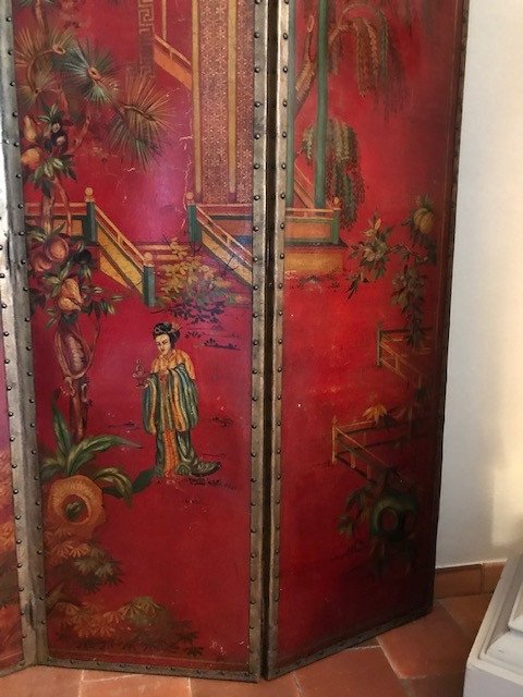 Chinoiserie Painted Canvas Screen 19th-photo-2