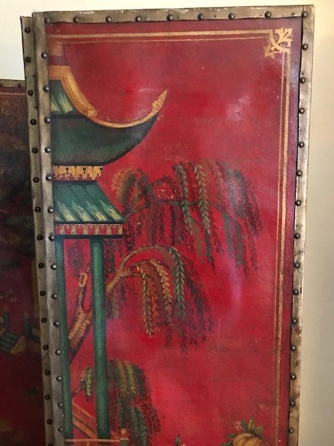Chinoiserie Painted Canvas Screen 19th-photo-1