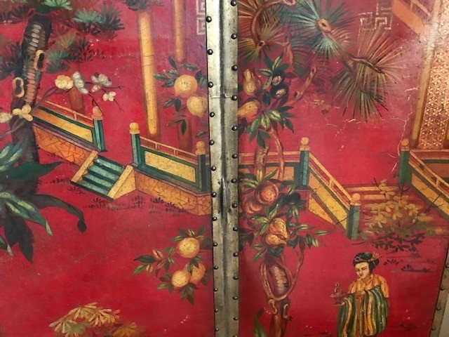 Chinoiserie Painted Canvas Screen 19th-photo-6