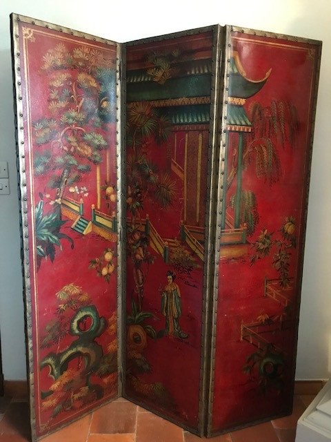 Paravent Toile Peinte Chinoiserie XIXe-photo-8