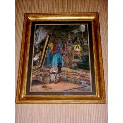 Large Framed Watercolor Signed By Georges Haquette 1877