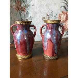 Pair Of Ceramic Mounted Vases Signed Cab Bordeaux 20th Century