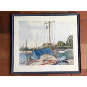 Aquarelle Port De Juan Les Pins Signée 1975