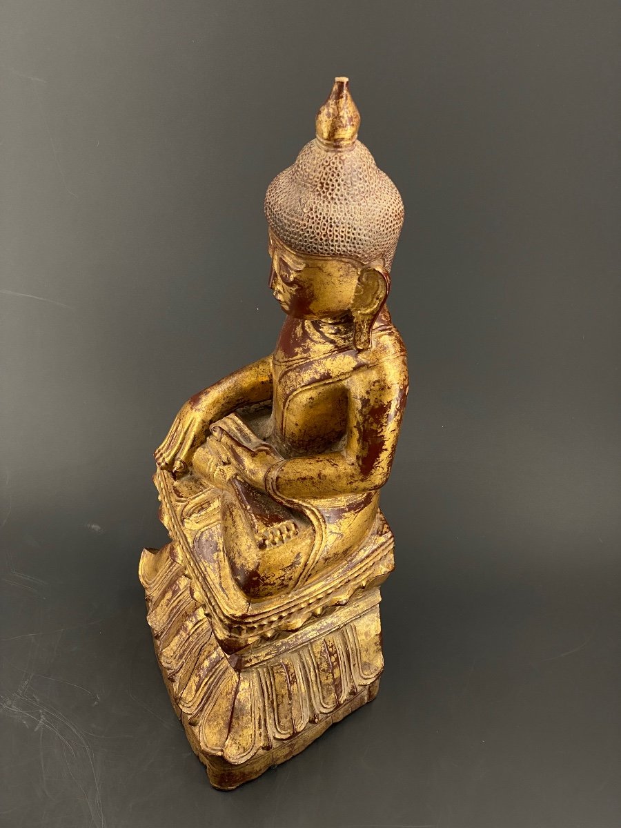 Buddha In Gilded Wood, 47 Cm, Burma, 19th-photo-3