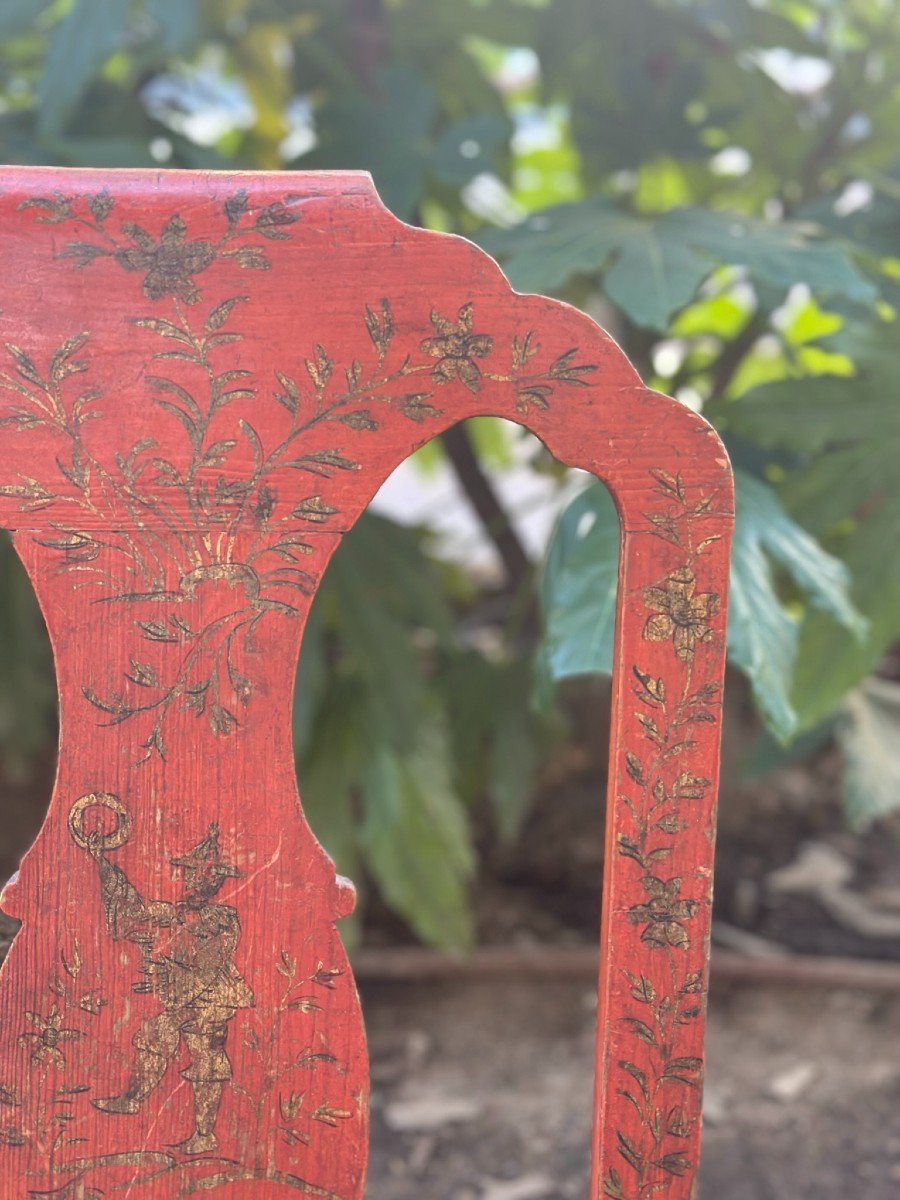 Spectacular 18th Century Side Chair In Red Polychrome Wood With Chinoiserie Patterns-photo-2