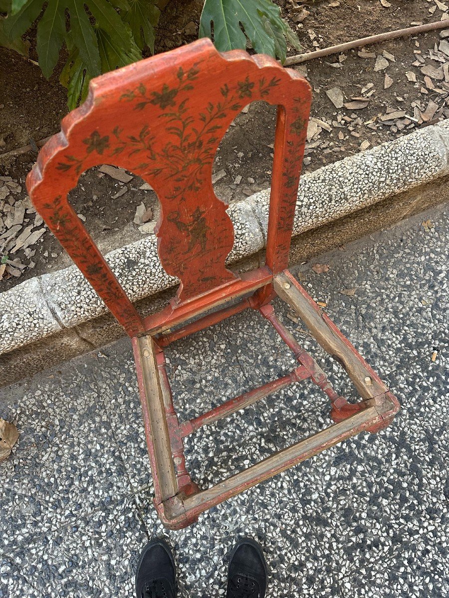 Spectacular 18th Century Side Chair In Red Polychrome Wood With Chinoiserie Patterns-photo-3