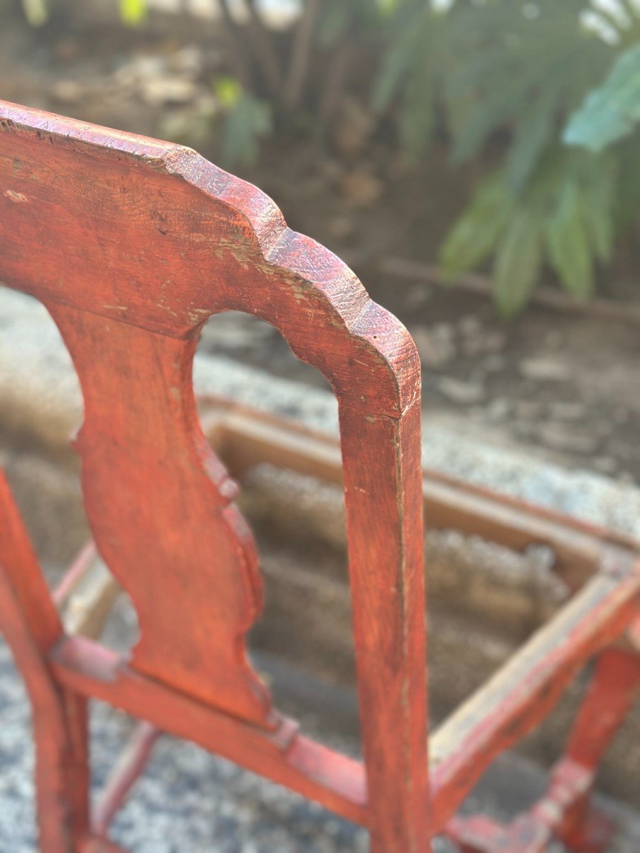 Spectacular 18th Century Side Chair In Red Polychrome Wood With Chinoiserie Patterns-photo-4