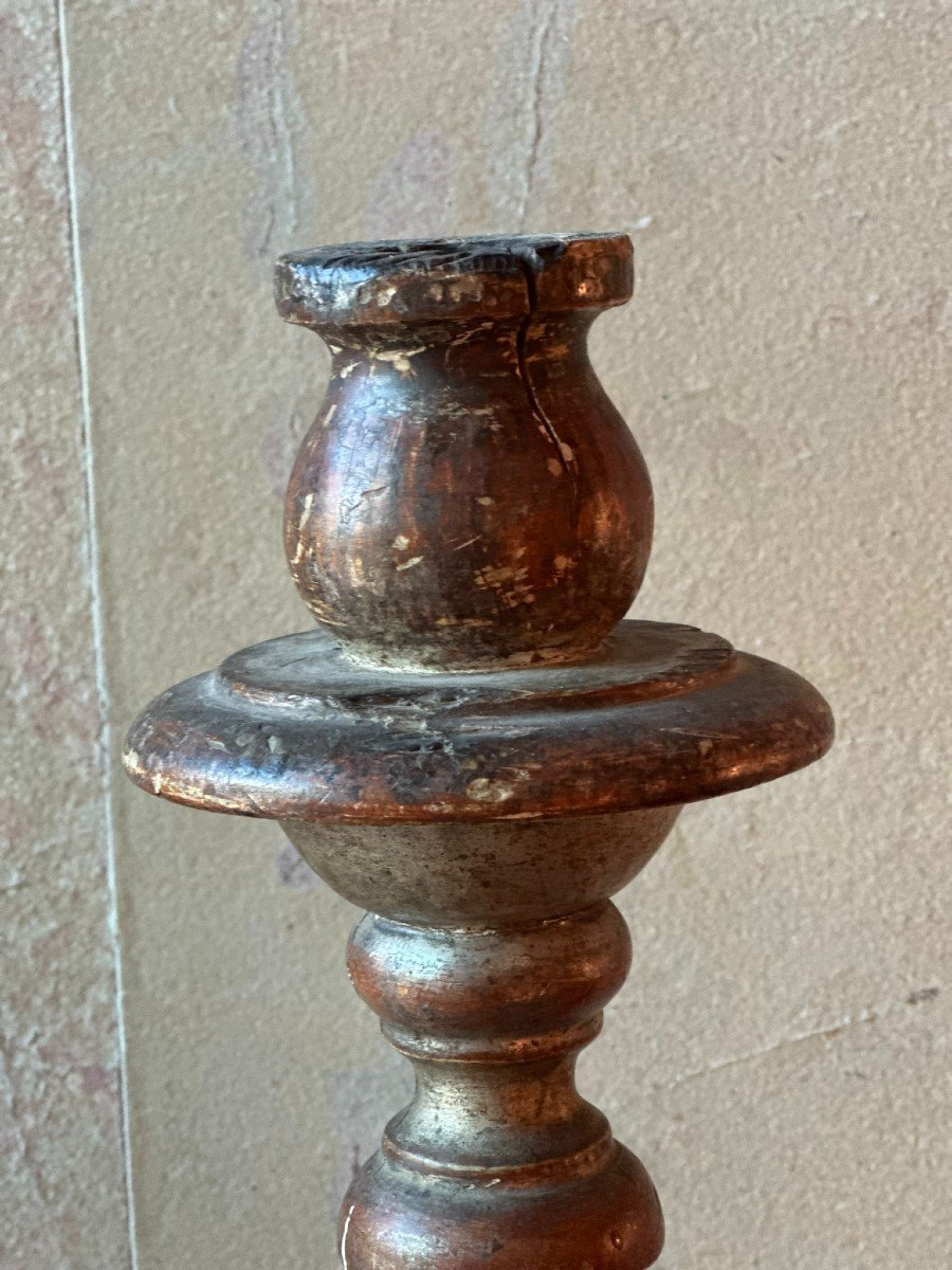 18th Century Polychrome Silvered Wood Candlestick-photo-2