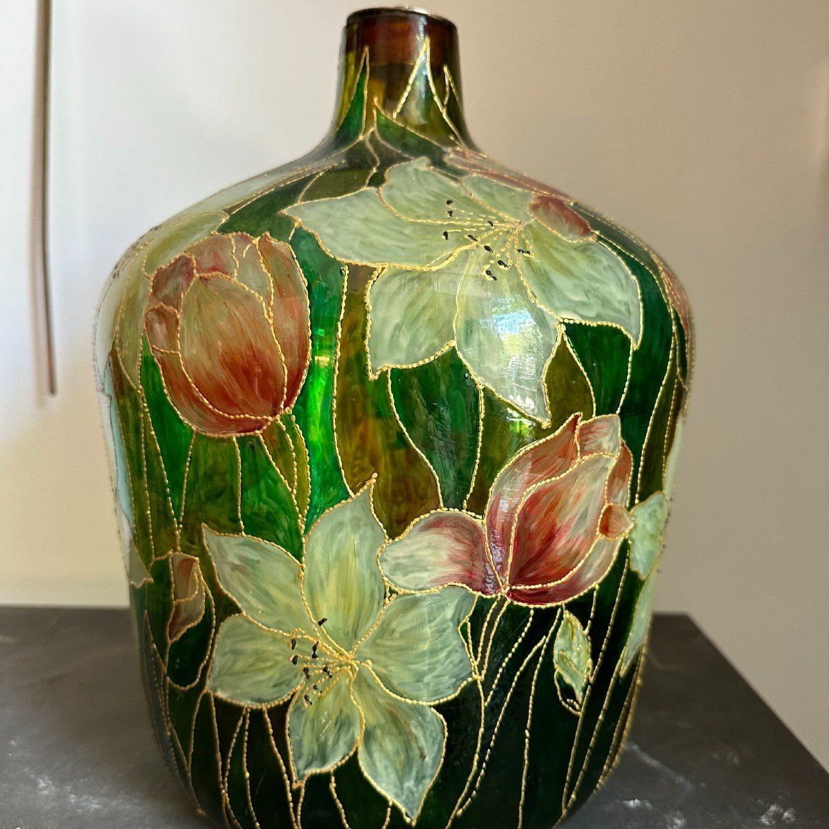 Painted Glass Vase. Prepared For A Lamp. Early 20th Century