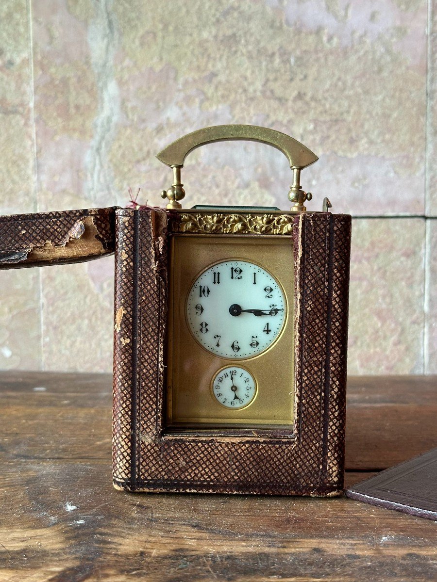 Belle horloge de voyage et réveil en bronze doré et cristal-photo-3