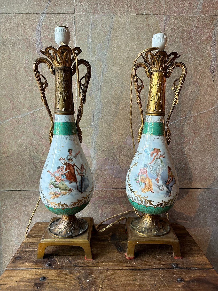 Pair Of Bronze And Painted Porcelain Lamps. S XIX-photo-1