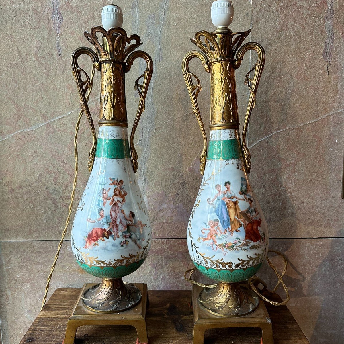 Pair Of Bronze And Painted Porcelain Lamps. S XIX