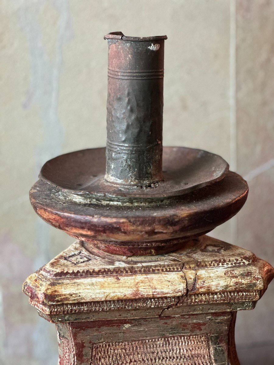 18th Century Polychrome Wooden Candlestick-photo-2