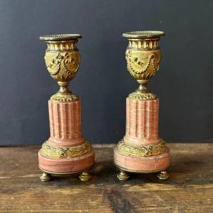 Pair Of Gilded Bronze And Marble Candlesticks, Napoleon III Period, France.