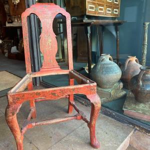 Spectacular 18th Century Side Chair In Red Polychrome Wood With Chinoiserie Patterns