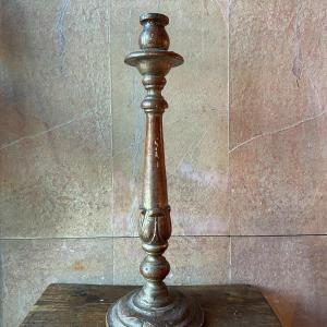 18th Century Polychrome Silvered Wood Candlestick