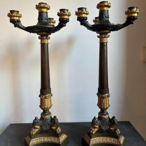 Spectacular Pair Of Bronze And Gilded Bronze Candlesticks. Restoration Period.