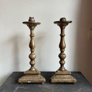 A Beautiful Pair Of Polychrome Wooden Candlesticks From The 18th Century