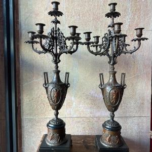 Pair Of Spelter Candlesticks. 19th Century. Belgian Marble Base.