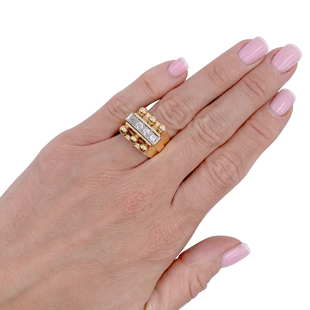 Proantic Bague Tank En Or Jaune Platine Diamants